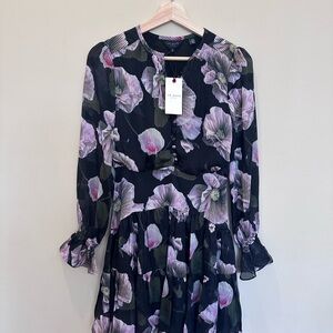 Ted Baker Black Floral Pleated Dress with Lavender Accents